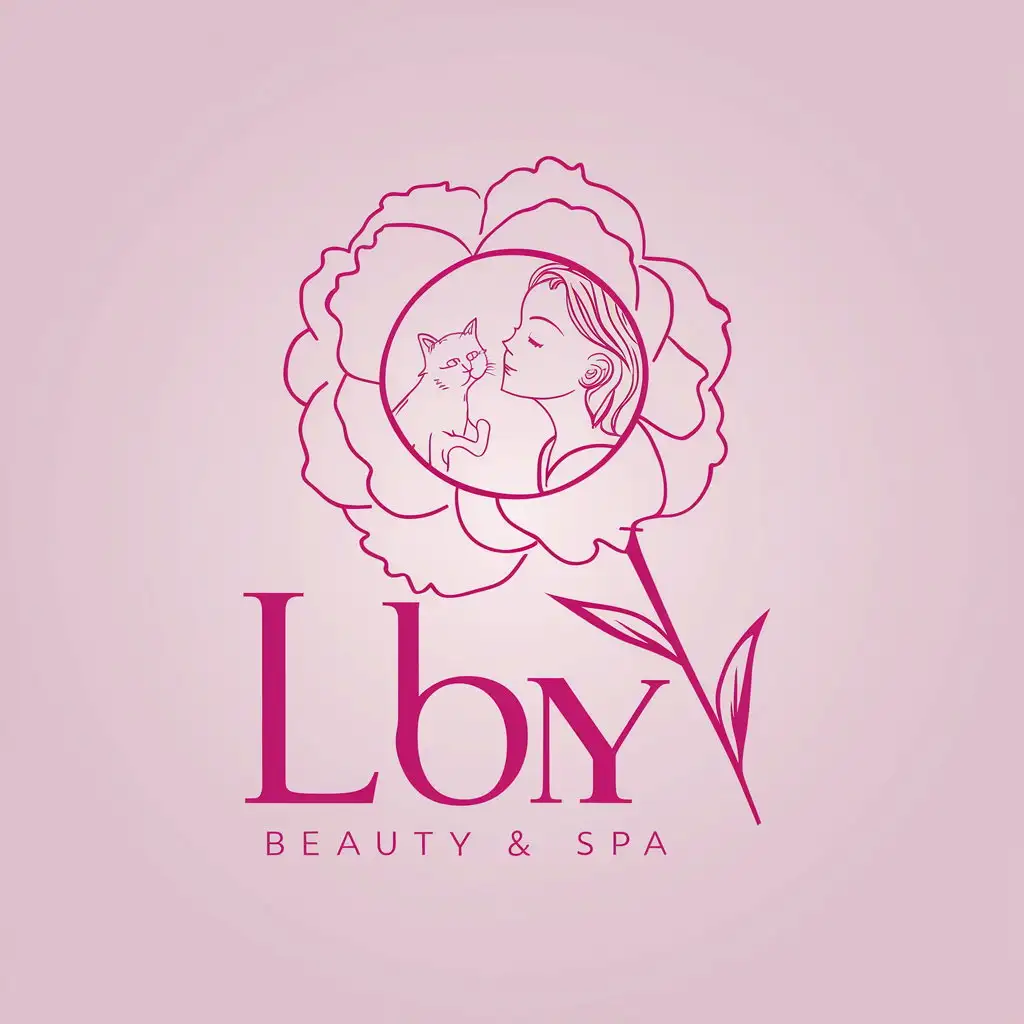 LOGO Design for Beauty Spa Soft Pink Peony Flower with Girl Kissing Cat