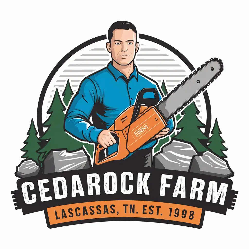 LOGO Design for CedarocK Farm Lascassas TN CleanCut Guy with Chainsaw Green Trees Gray Rocks Theme