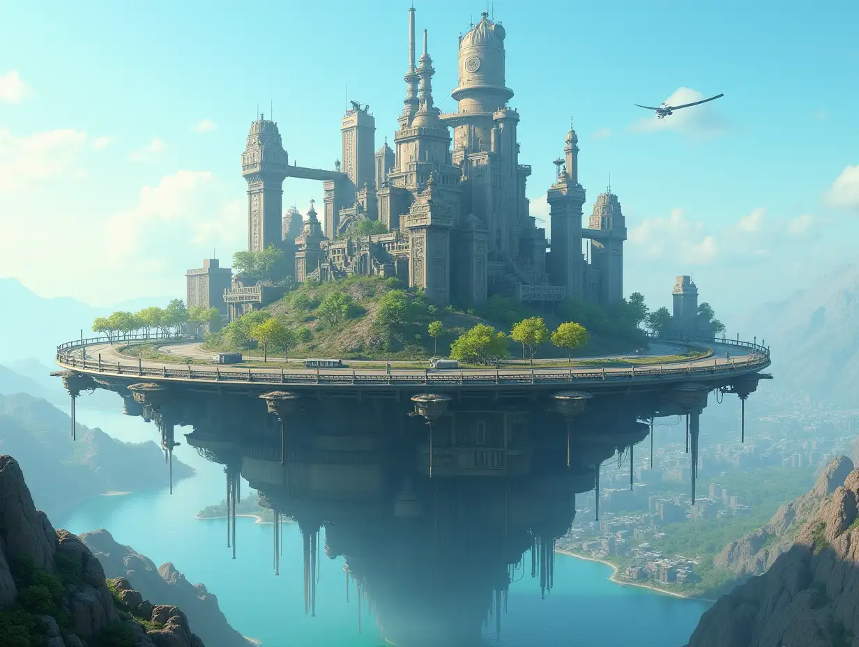 A floatting metal world island with gears, towers, roads, trees, water cyberpunk, with a floating island in the middle of the city, clear sky without clouds, panorama image