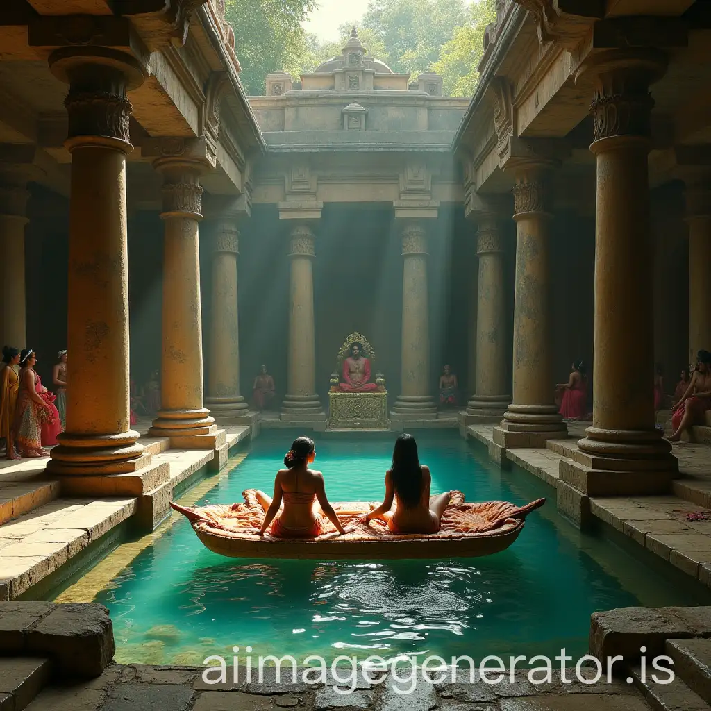 Inside an ancient swimming pool inside a huge stone palace are two queens lying on a luxurious bed on a large stone platform, with women scattered around the pool.  There is a Tamil king sitting on the throne looking at them.