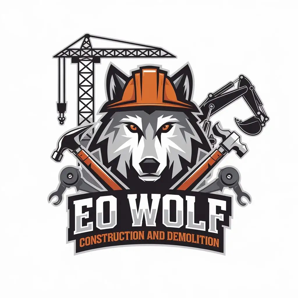 LOGO Design for EO WOLF Construction and Demolition Wolf Crane Excavator Hammer Mechanic Theme