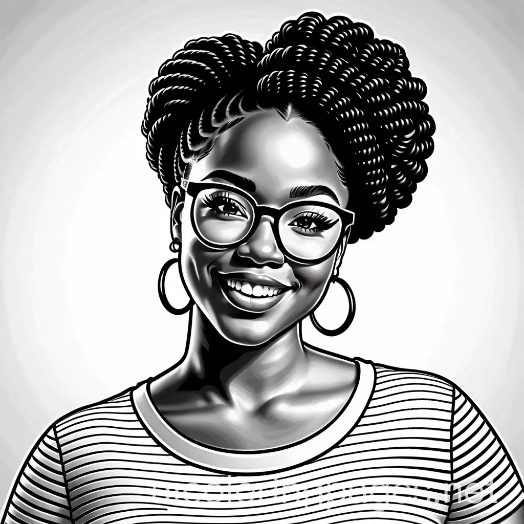 Black and white line art style coloring page with no color.  White background of a curvy African American woman. Beautiful smile.  Kinky-twist hairstyle. wearing pair of glasses. wearing a white shirt and a pair or jeans. Large hoop earrings. Coloring Page, white background, White Space., Coloring Page, black and white, line art, white background, Simplicity, Ample White Space. The background of the coloring page is plain white to make it easy for young children to color within the lines. The outlines of all the subjects are easy to distinguish, making it simple for kids to color without too much difficulty