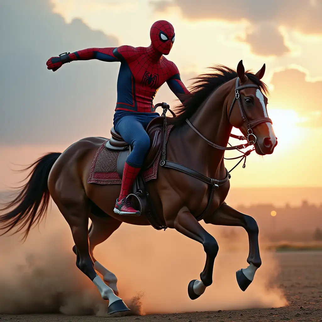 the spider man riding on a horse