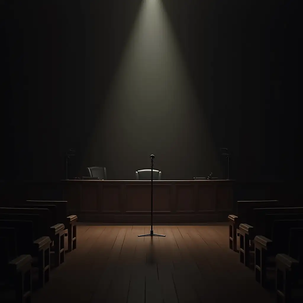 in a dimly lit courtroom, empty except for a lone microphone stand in front of the judge’s bench.