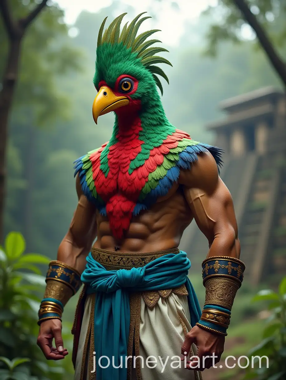 Humanoid-Creature-with-Quetzal-Head-in-Traditional-Guatemalan-Fighter-Attire