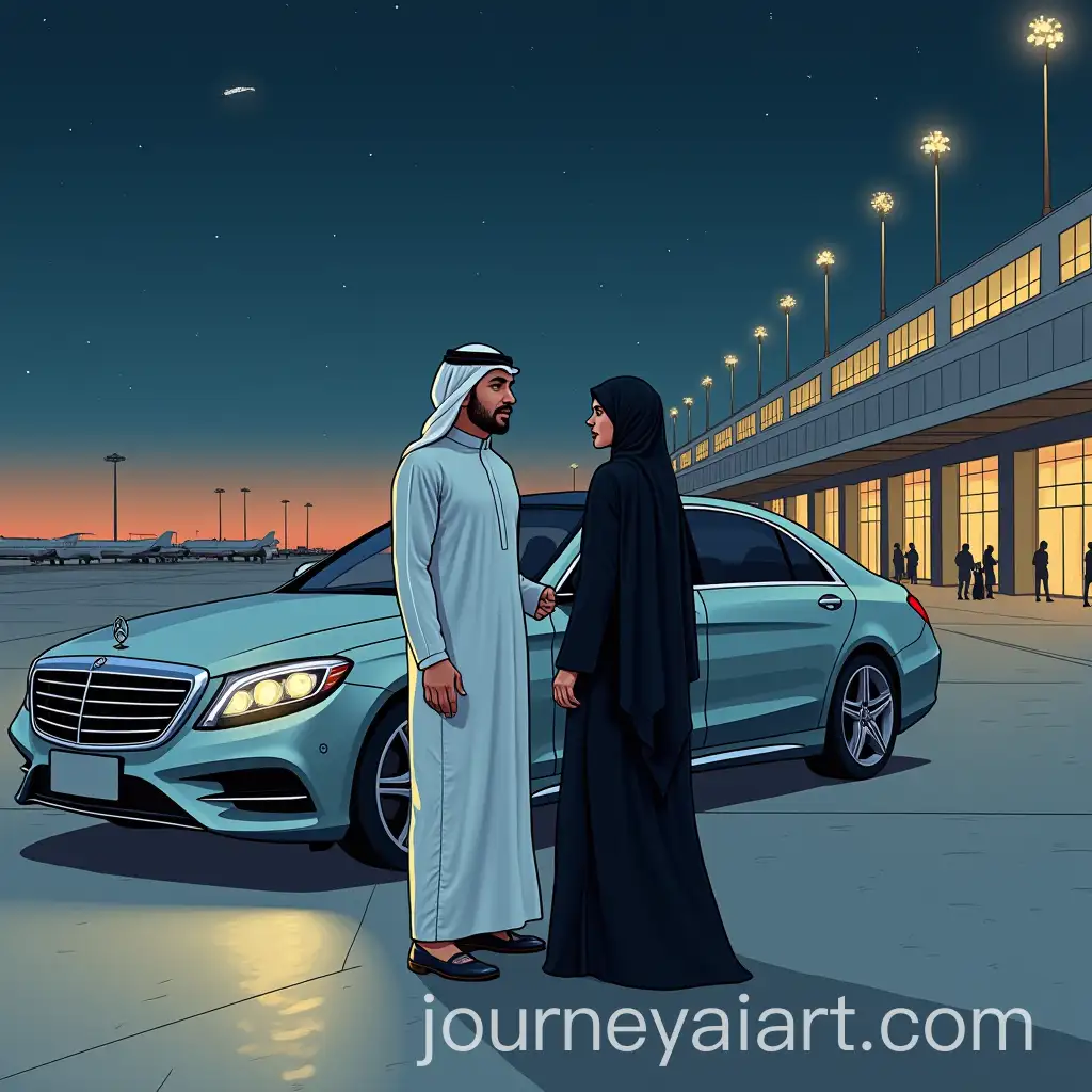 Gulf-Man-and-Woman-Arriving-at-King-Khalid-International-Airport-with-Private-Mercedes-Driver-at-Night