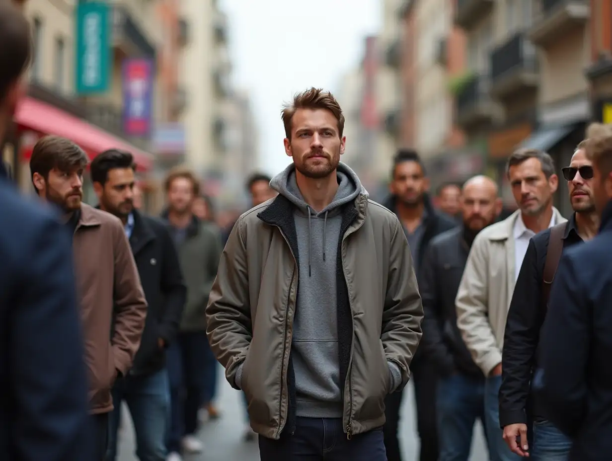 A group of confident men standing on the streets of a vibrant, urban city. One man stands out from the crowd—he is casually confident, not the biggest or flashiest, but effortlessly catching the attention of women passing by. The surrounding crowd appears generic and mundane, contrasting with his unique presence.