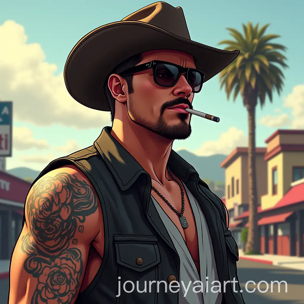 Man-in-Cowboy-Hat-and-Sunglasses-Smoking-Cigarette-in-Grand-Theft-Auto-Style