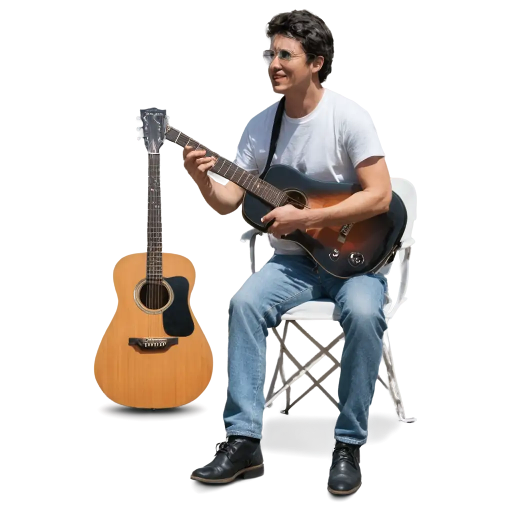 An adult Man with a guitar on a chair