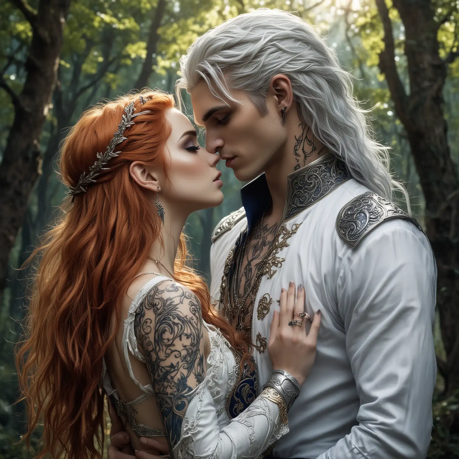 Elven Prince Kissing Human Queen in Night Forest Palace