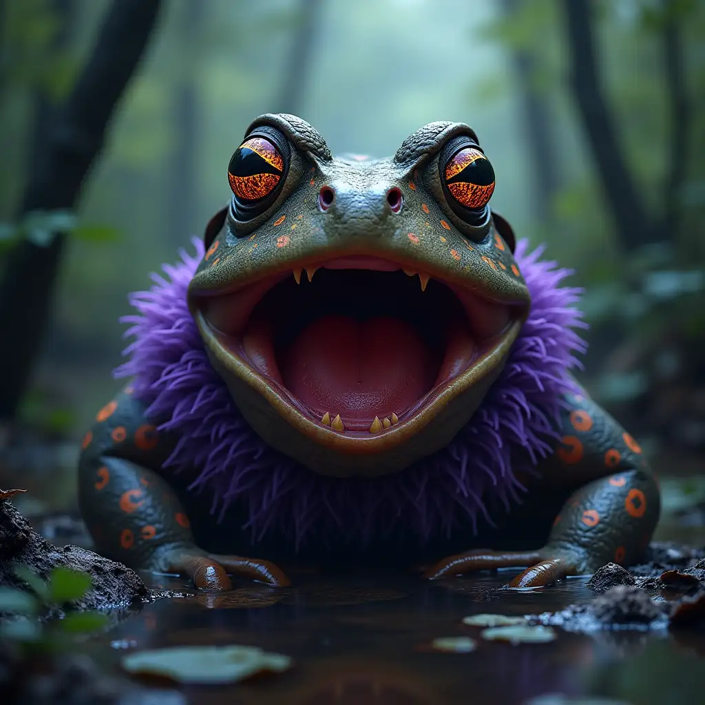 In a haunted, cursed, swamp there is a horrific massive brown spotted toad with purple fur around its neck and sides like a boa scarf, with its mouth open a disproportionate amount, way too big, with bloodshot, rolled-back eyes, possessed by a ghost and glowing with cursed runes, glowing tron lines