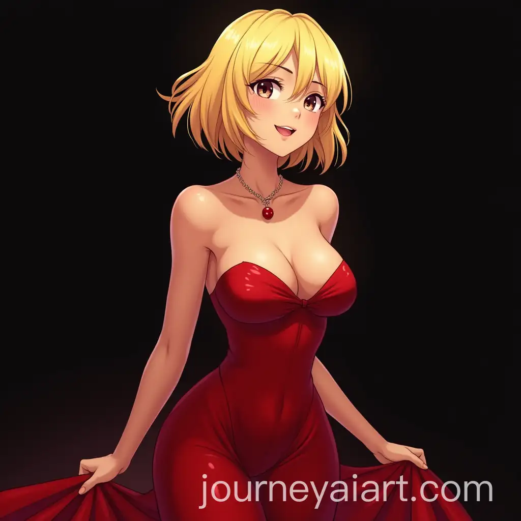 Anime-Woman-in-Red-Dress-with-Short-Blonde-Hair-on-Black-Background