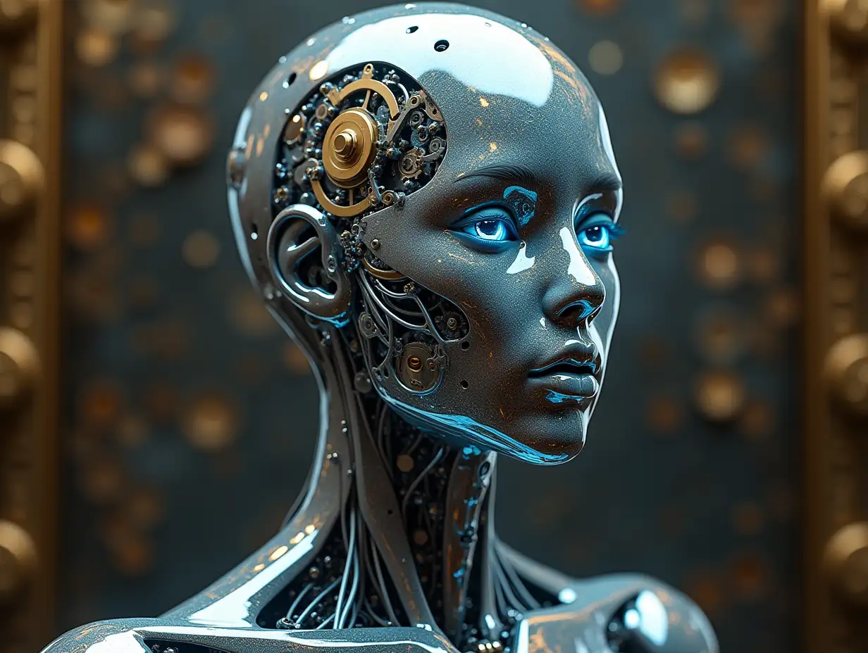 Create a high-resolution, realistic image of an artificial intelligence with gears on the cheeks and a glass head with visible platinum brain with many gears, fiber optic cable bundles at the neck, LED light face 3d 4k resolution with a background of gold and silver ornaments background 