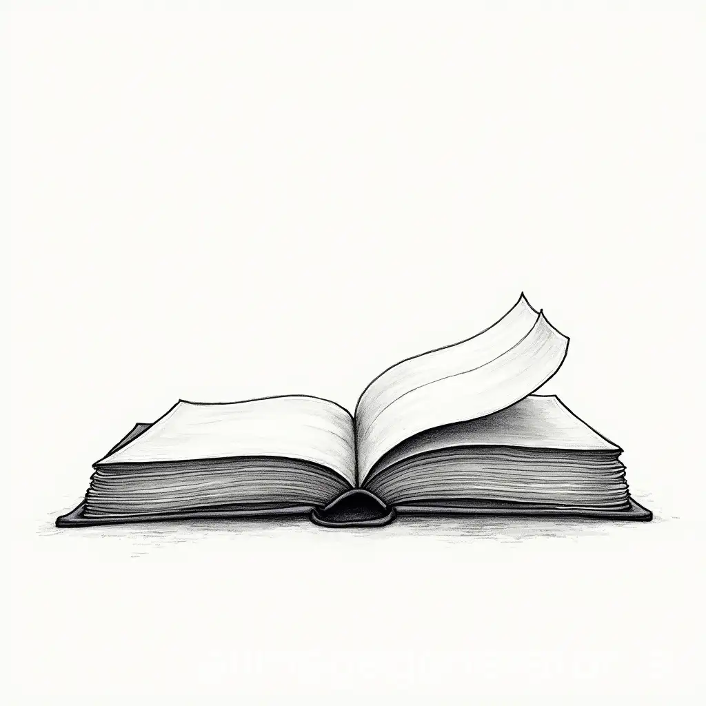 Drawing of an open book with flying pages line