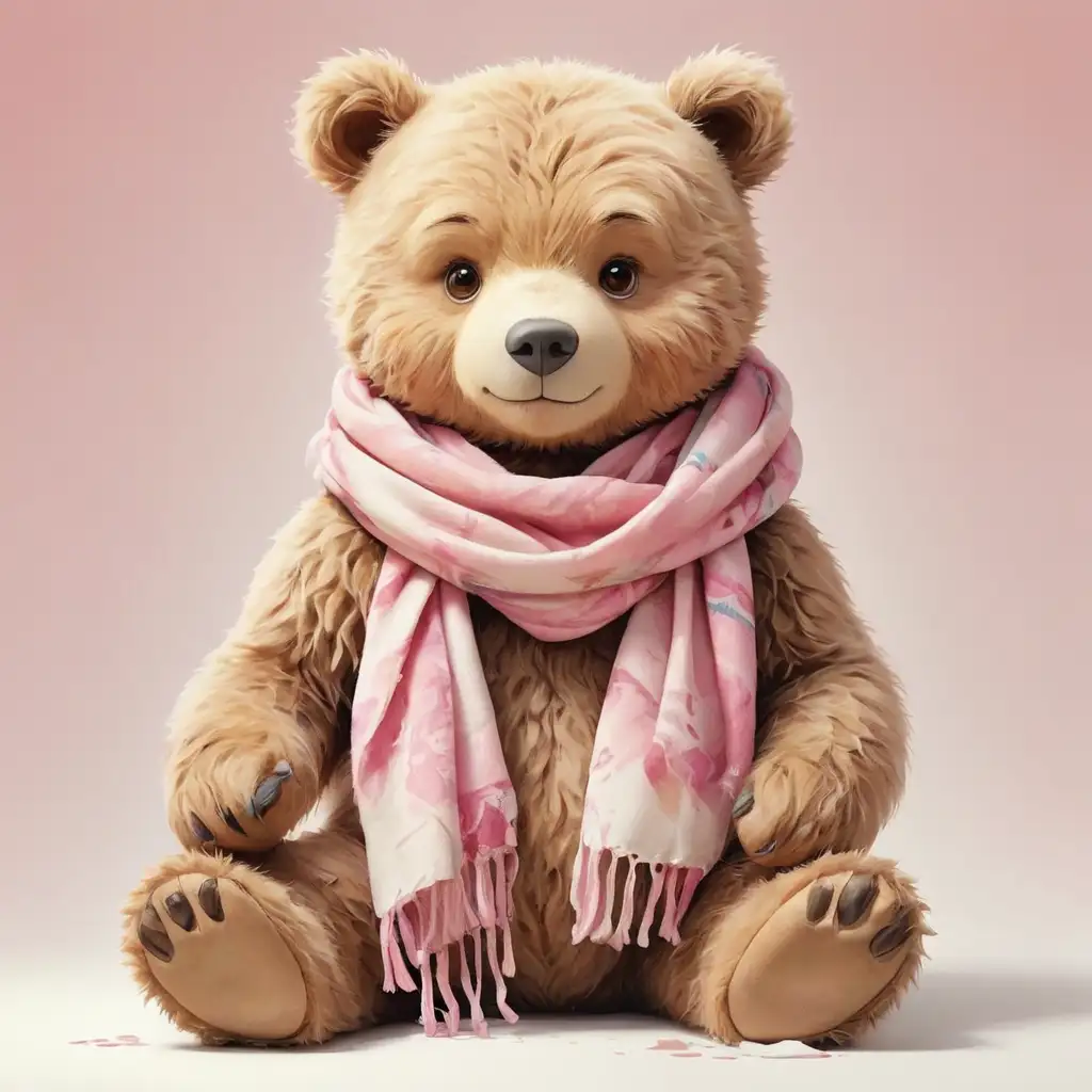 Cuddly Bear Child with Pink Scarf Watercolor Illustration