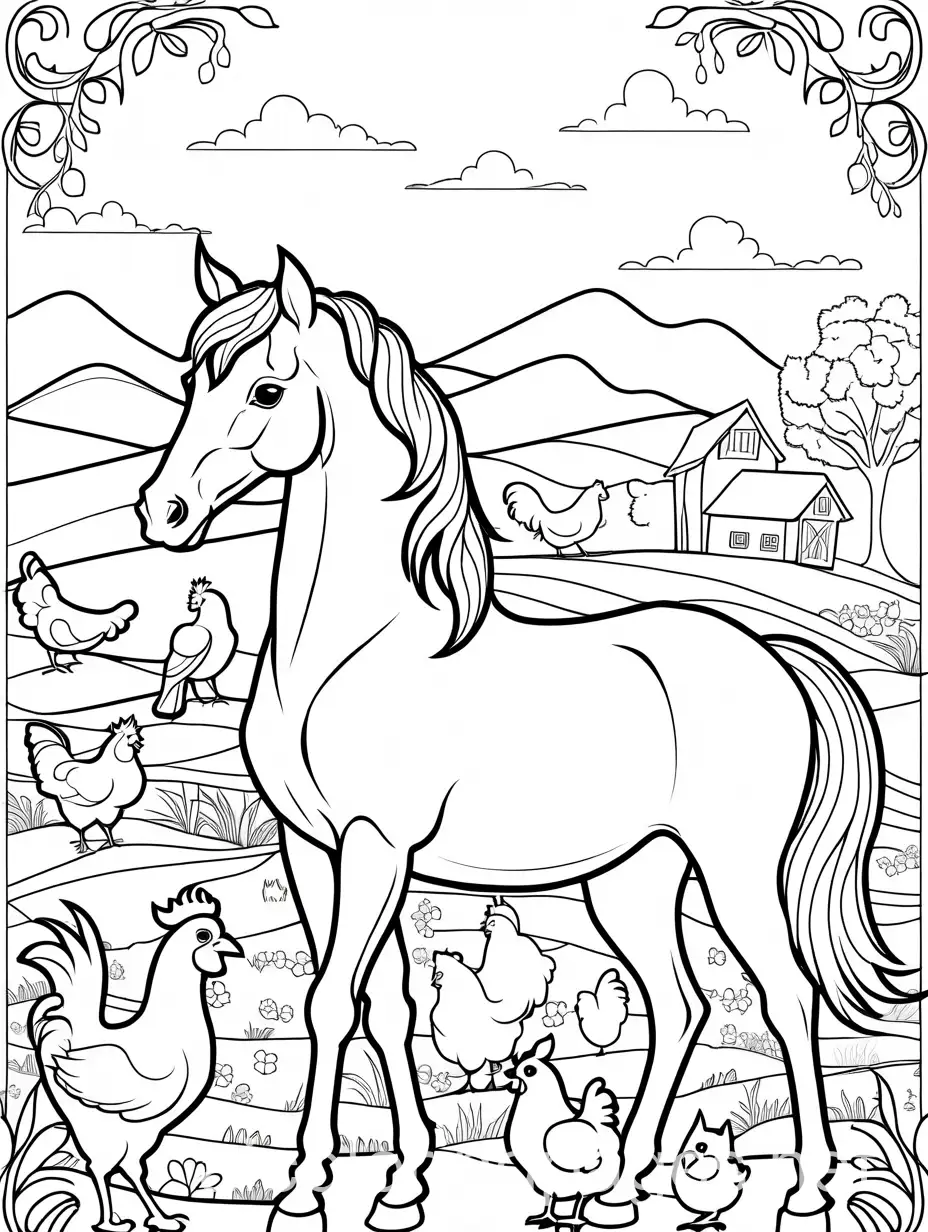 a cat on a horse, dog and chickens around, Coloring Page, black and white, line art, white background, Simplicity, Ample White Space. The background of the coloring page is plain white to make it easy for young children to color within the lines. The outlines of all the subjects are easy to distinguish, making it simple for kids to color without too much difficulty