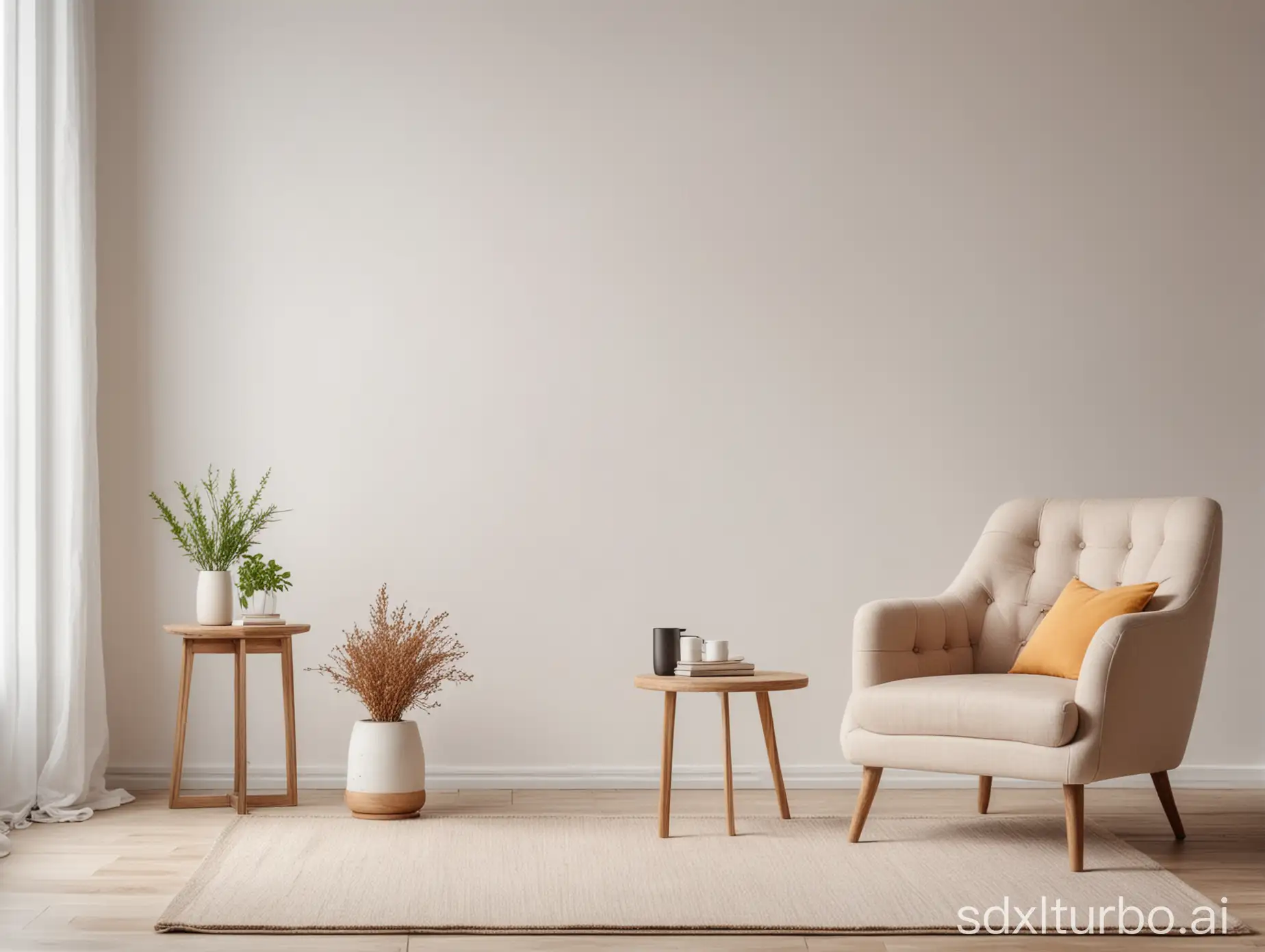 Interior of a bright cozy living room with armchair and one small table on empty white wall background