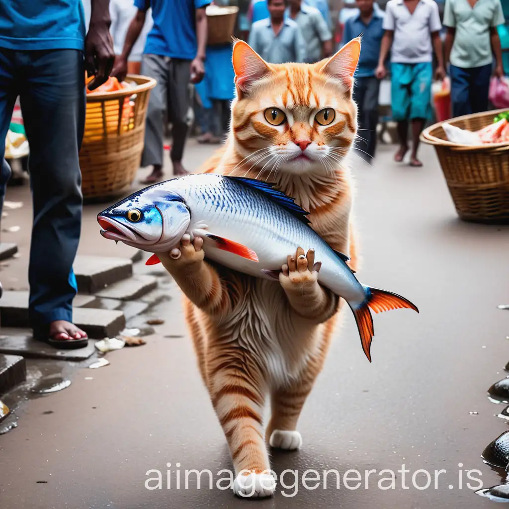 The cat is carrying fish from the market and the people are behind it. Catch this cat