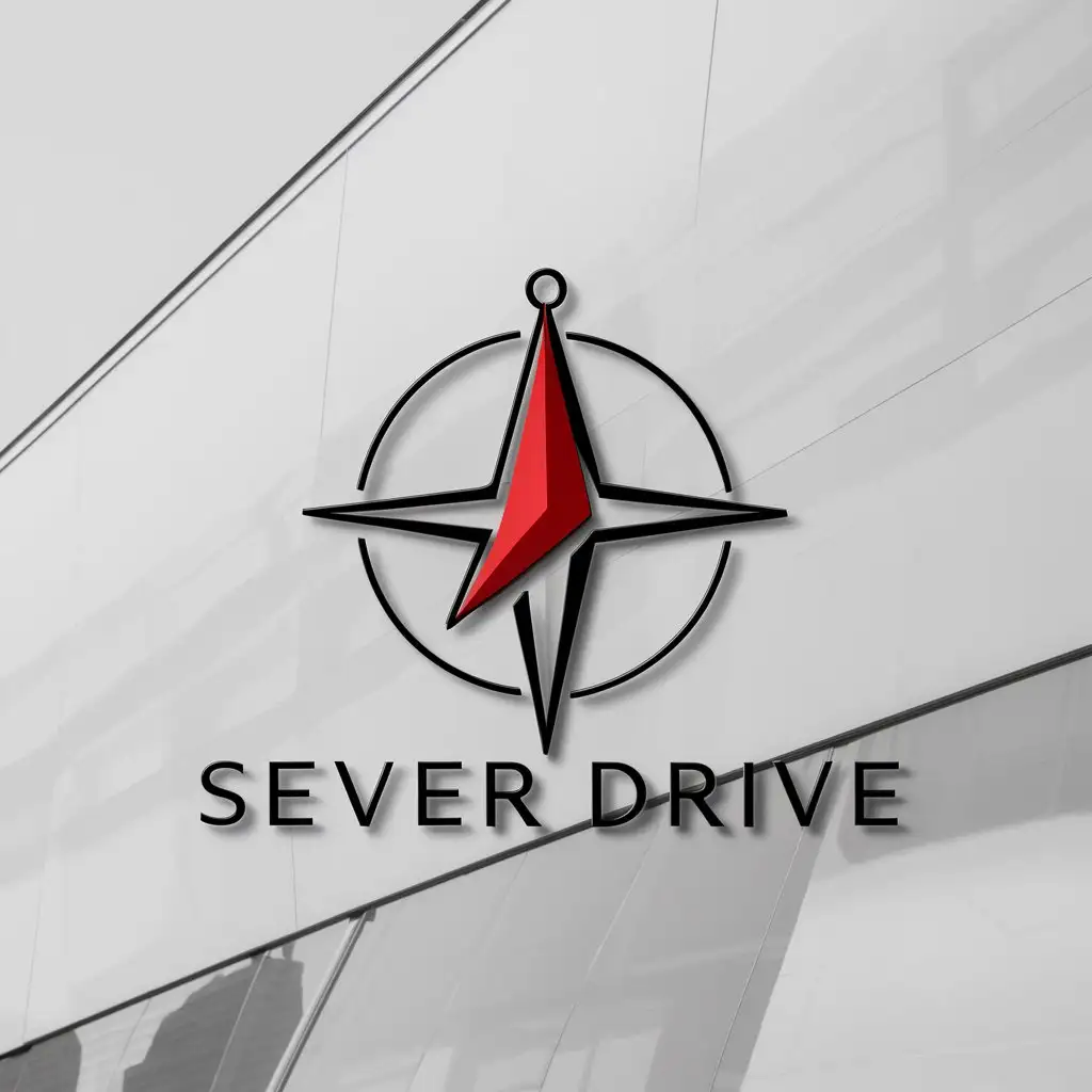 a logo design,with the text "SEVER DRIVE", main symbol:Compass with red arrow to the north,Minimalistic,be used in Others industry,clear background