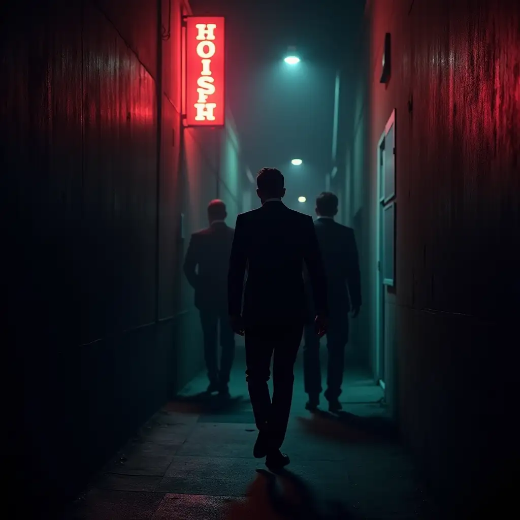 Man-in-60s-Suit-Hiding-from-Chasers-in-NeonLit-Alley-at-Night