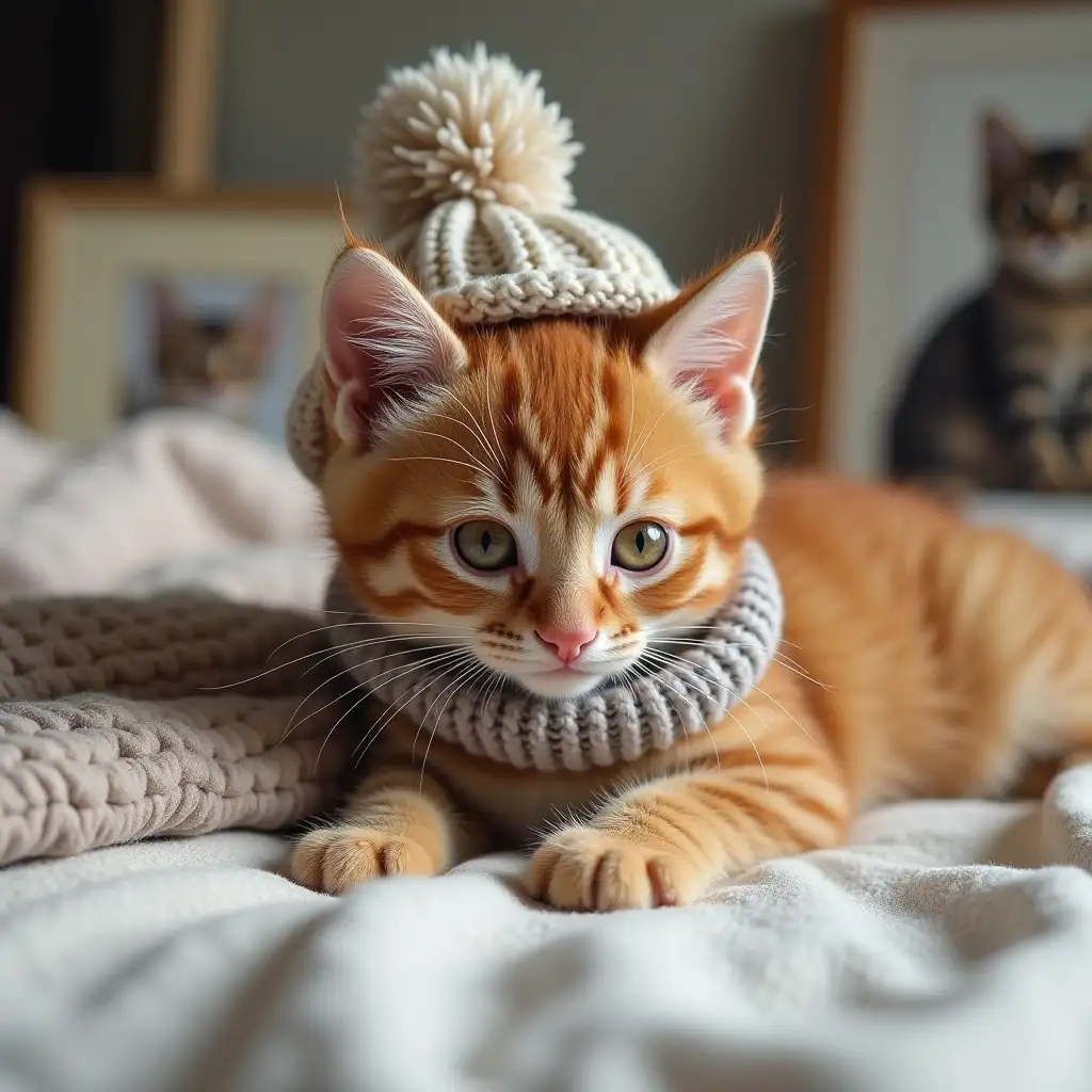 the ginger nice real kitten in a knitted hat with a scarf around its neck is lying on the bed. the kitten is covered by a blanket. the kitten is lying on its side. next to the bed there's a picture of a cat kitten on a table.