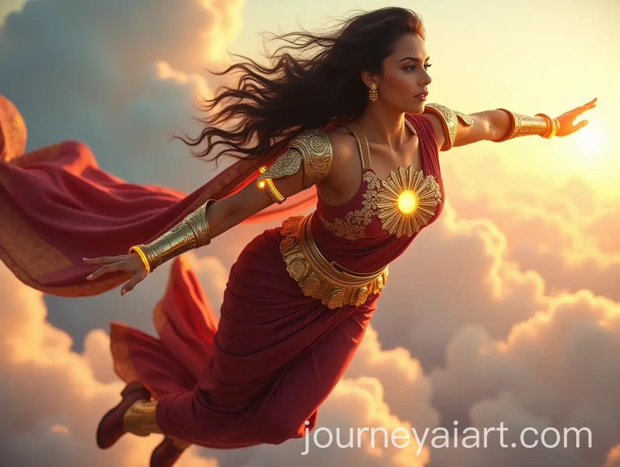 Dynamic-Female-Superhero-in-Traditional-and-Futuristic-Armor-Soaring-through-the-Sky