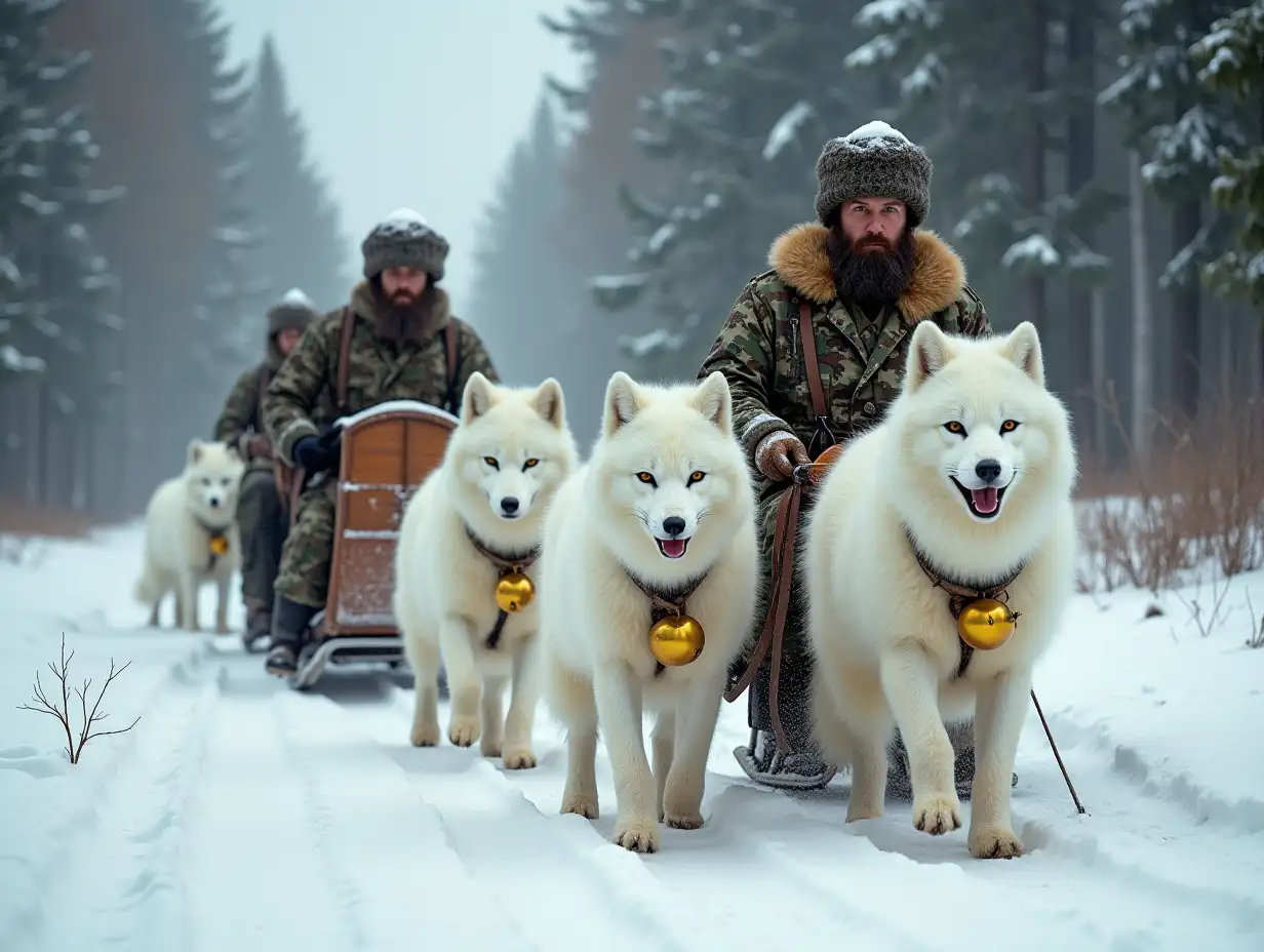 Background - a snowy winter forest. Along the road are large sleighs being pulled by three huge, fat, white polar foxes dressed up in the style of Russian troika. The foxes are adorned with bells and jingle bells. Inside the sleighs are three bearded Russian peasants wearing camouflage coats, fur hats, and valenki, all singing. One peasant plays the accordion, another on the balalaika, and a third whips the foxes. Photorealism.