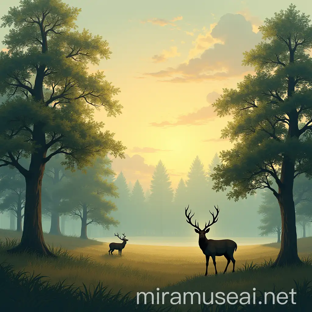 Serene Landscape with Majestic Deer Among Lush Trees