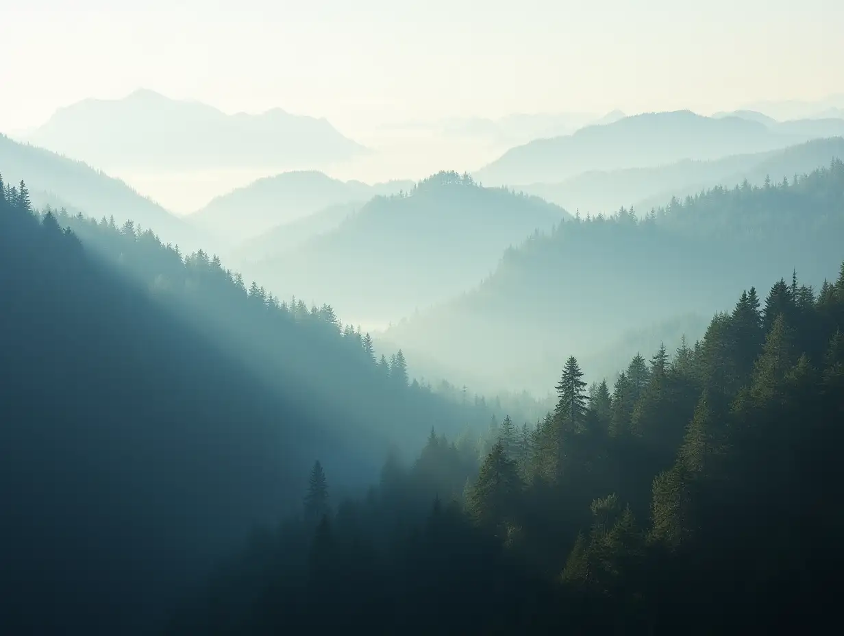 Misty mountain forest landscape in the morning