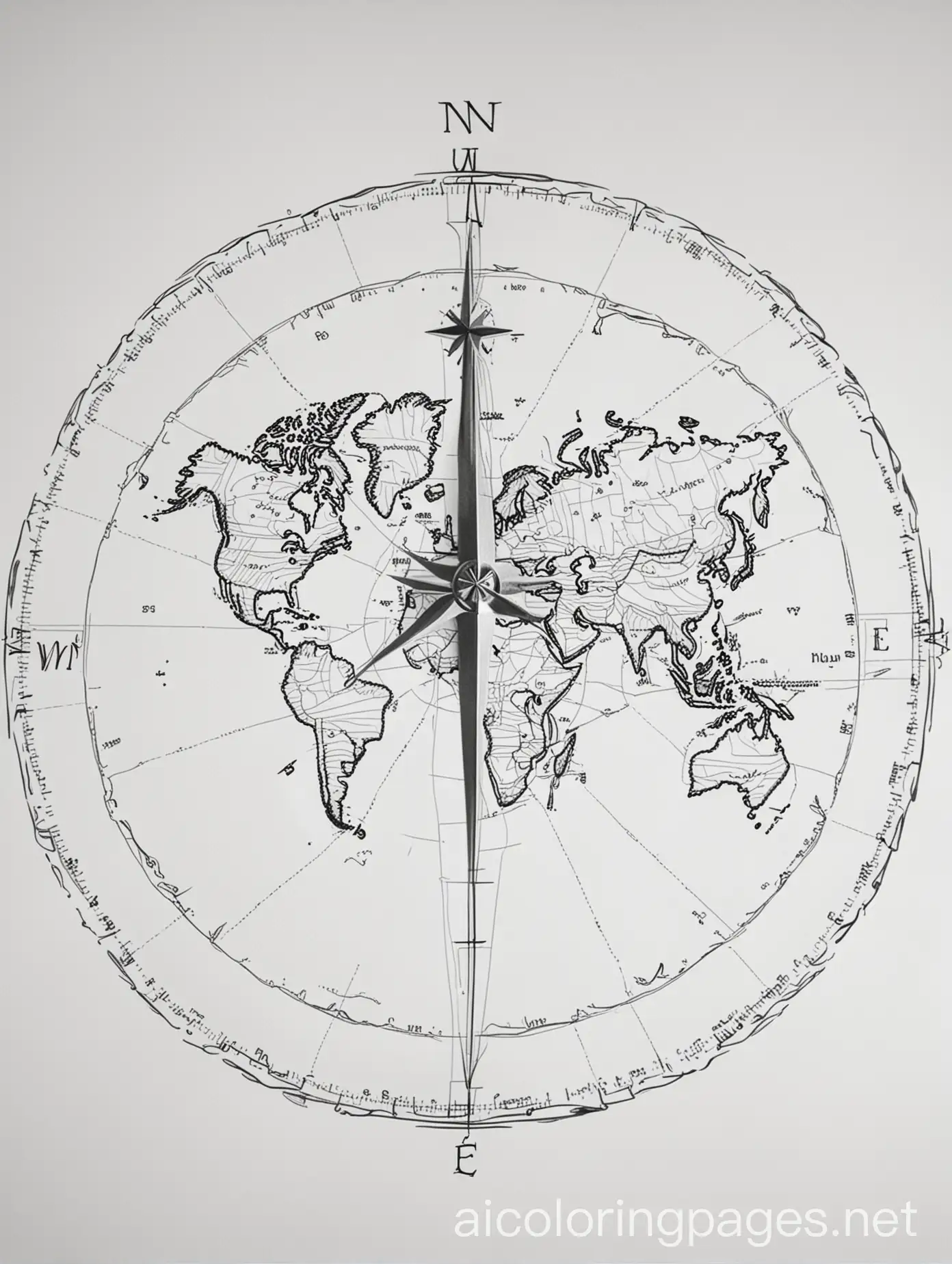 Simple-World-Map-with-Compass-Rose-for-Kids-Coloring-Page