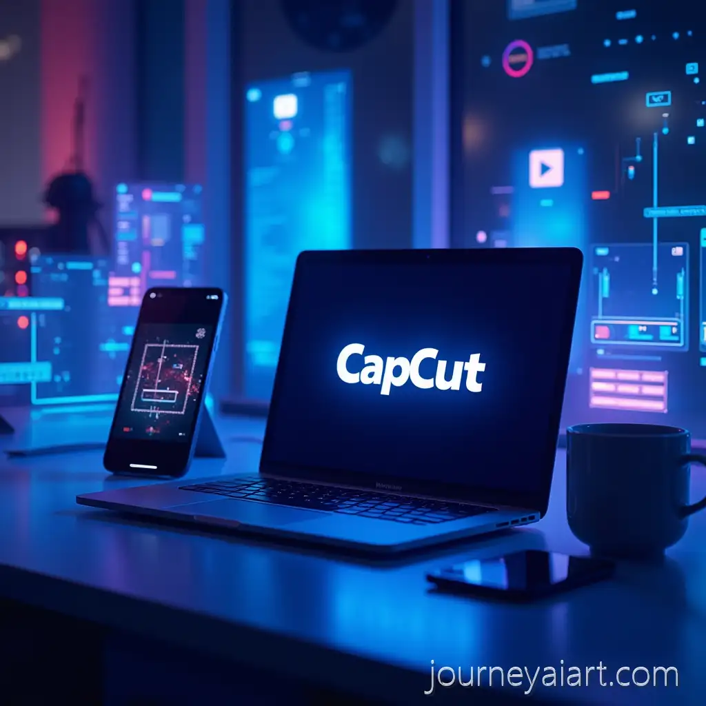 Futuristic-Creative-Workspace-with-Smartphone-and-Laptop-Featuring-CapCut-Logo