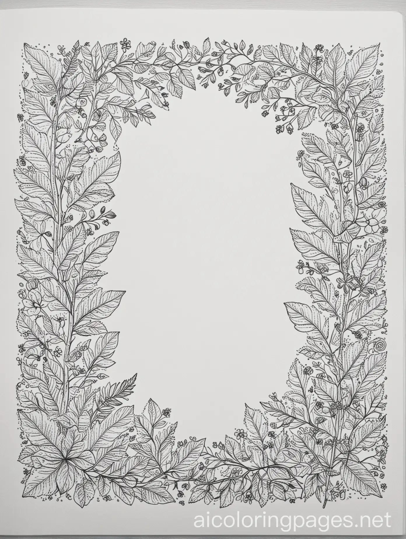 Line-Art-Coloring-Page-of-Small-Leaves-and-Flowers-on-White-Background