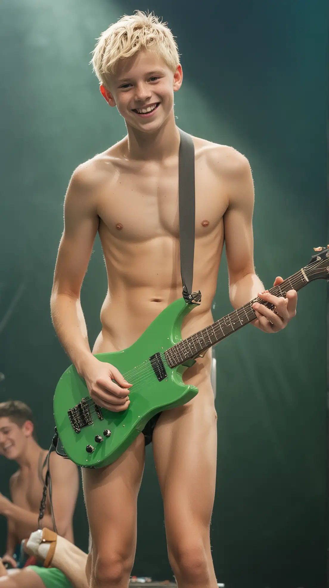 Teen-Boy-in-Green-Speedo-Playing-Guitar-on-Stage