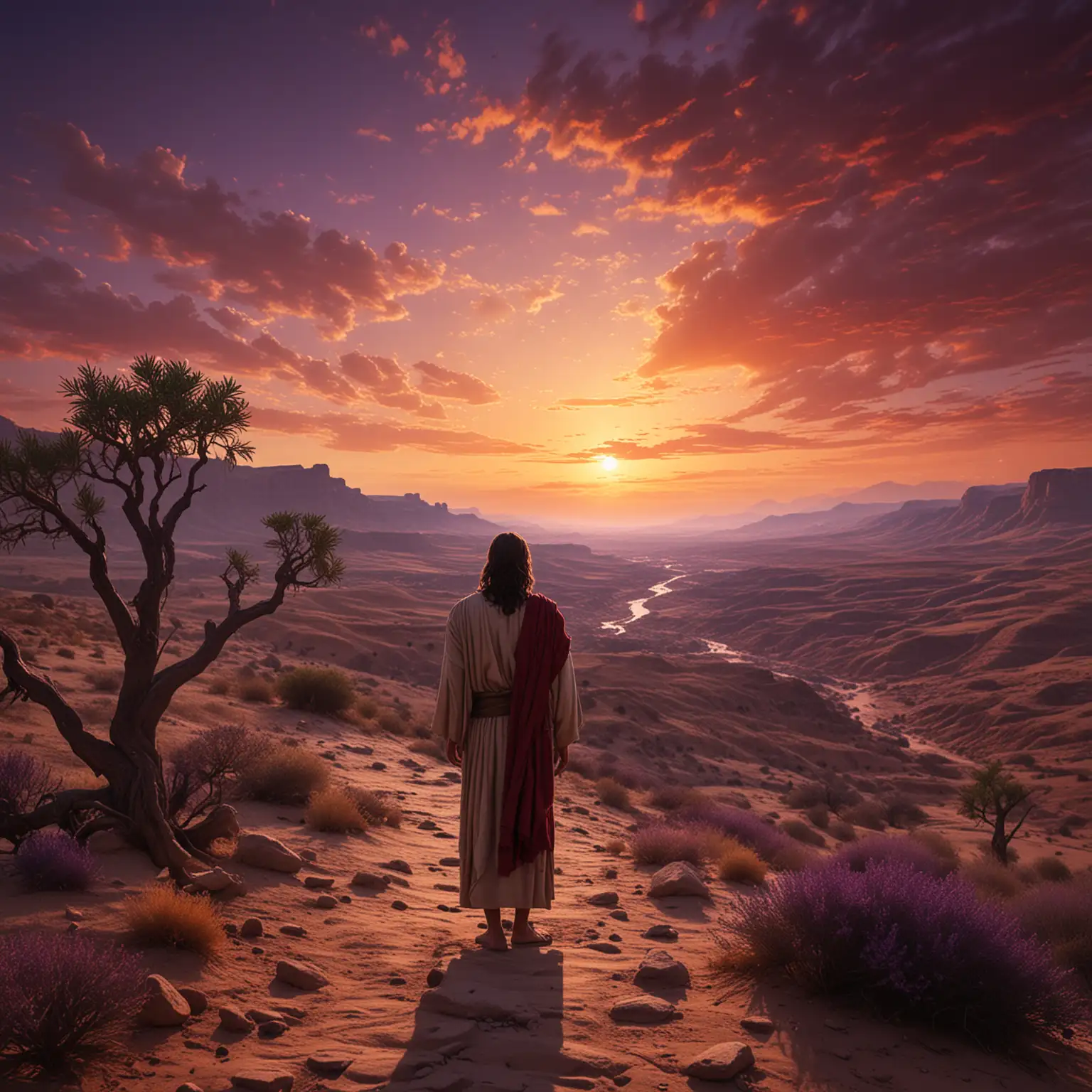 In the tranquil twilight of the wilderness of Ancient Israel, Jesus stands with his back to the camera, located at the edge of a serene, arid desert region. The sky's colors of purple, red, and orange are woven together, creating a calming and contemplative atmosphere. The last rays of light highlights His silhouette and the surrounding landscape. This scene emphasizes the spiritual truth that transcends the physical world. Captured with a super wide lens, large depth of field, coloring is rich and vivid, 8k resolution and composition.