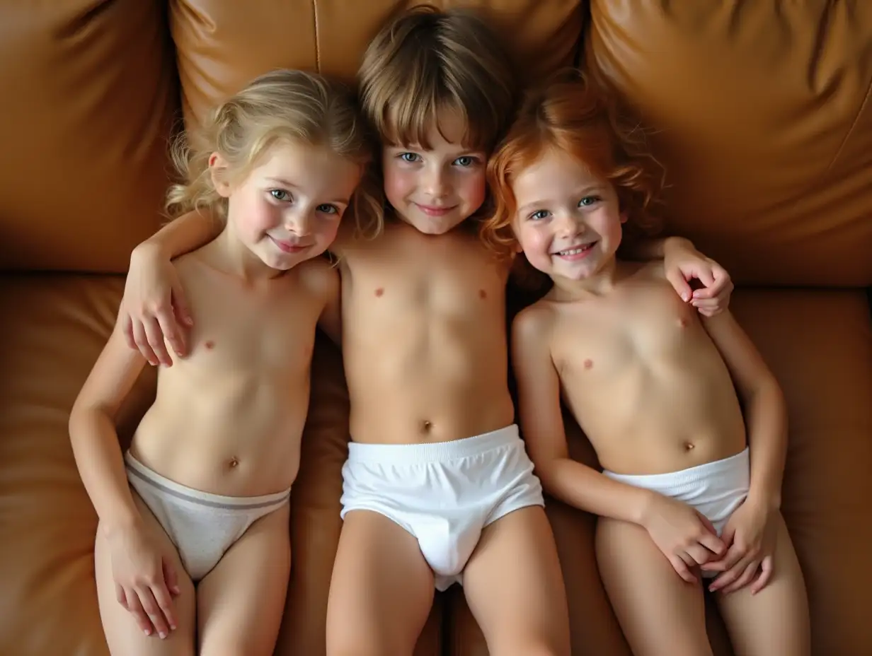 Two young girls, wavy hair past her shoulders, updos, blue eyes shiny skin, one blonde, the other has reddish brown hair, no shirts.  Slender thighs visible. A taller boy, pale shiny skin, no shirt, white boxers, is cuddling with them on a tan leather couch.