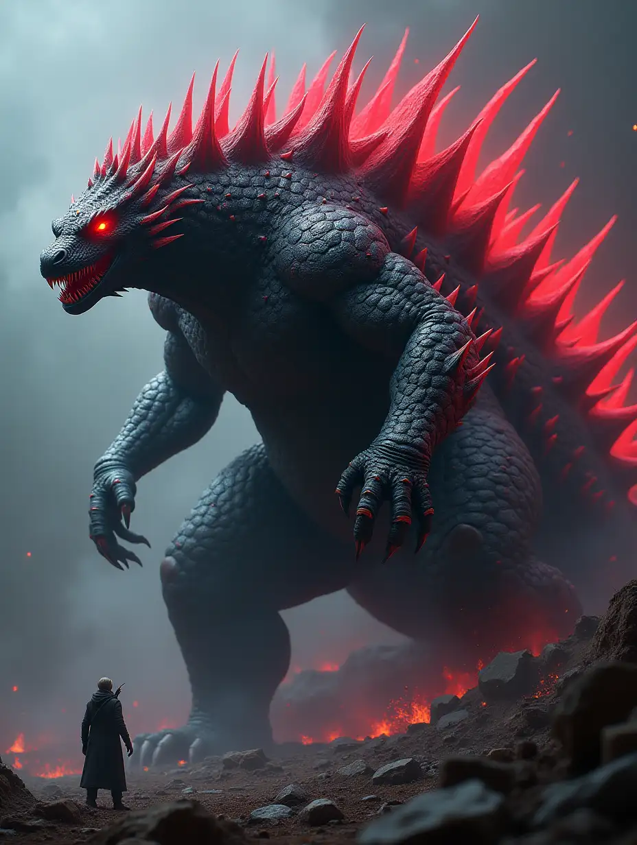 A kaiju, God of Chaos, Draconic body appearance,Dark grey/Black skin/scales,Neon red glowing Godzilla type dorsal spikes features but only dorsal spikes not the entire body,God like art,make the kaiju bulky