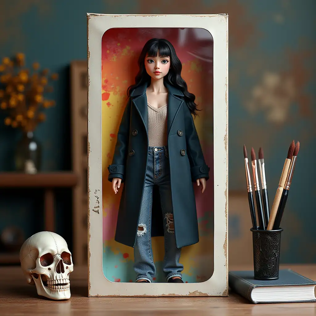 Create a photorealistic collection figure of a person in a photo. The figure should be full size and fit into a transparent plastic box with a colorful cardboard background, like real collection toys. Make the packaging as realistic as possible - shiny plastic, sections for items and a design in the style of a toy store.nOn the box, write the brand Alice. The packaging atmosphere will be gothicnPlace accessories next to the figure: a skull , book about architecture , watercolor and brushes.