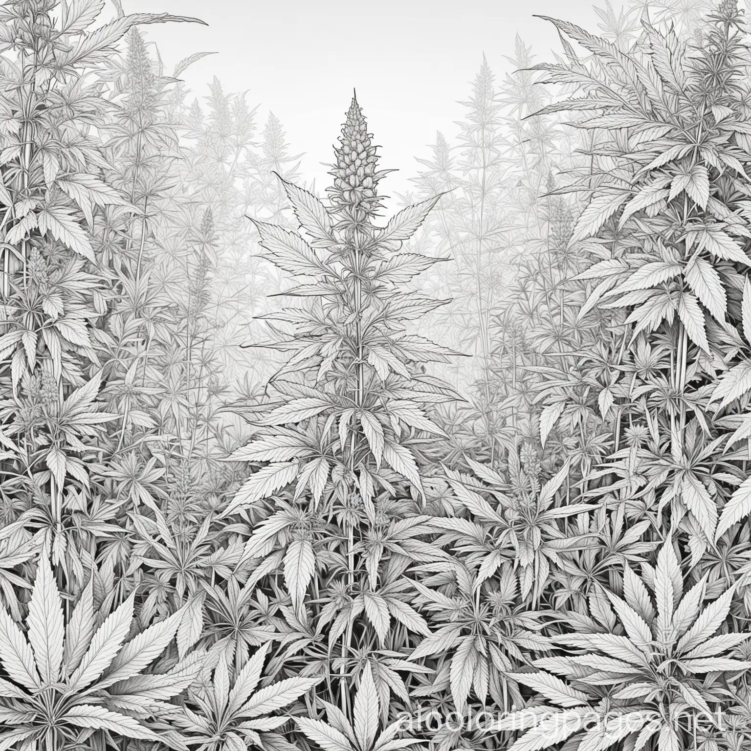 cannabis garden, Coloring Page, black and white, line art, white background, Simplicity, Ample White Space. The background of the coloring page is plain white to make it easy for young children to color within the lines. The outlines of all the subjects are easy to distinguish, making it simple for kids to color without too much difficulty