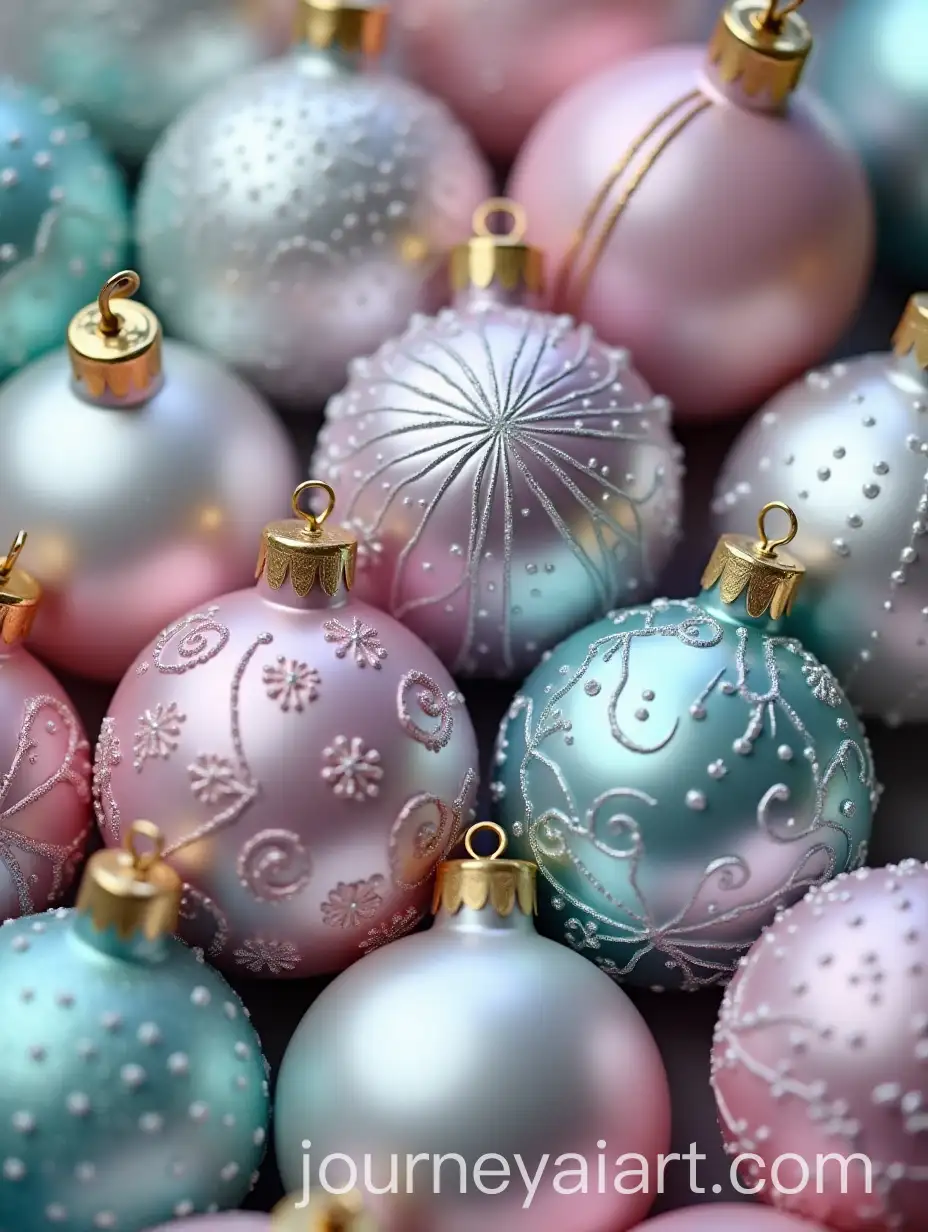 Closeup-View-of-Shimmering-Christmas-Tree-Decorations-in-Pastel-Colors