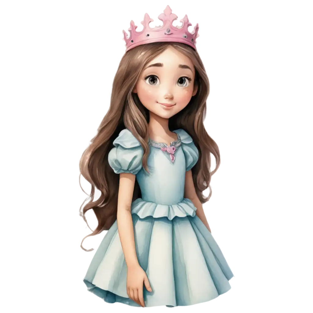 PNG-Watercolor-Portrait-of-Brunette-Girl-in-Princess-Attire-with-Crown