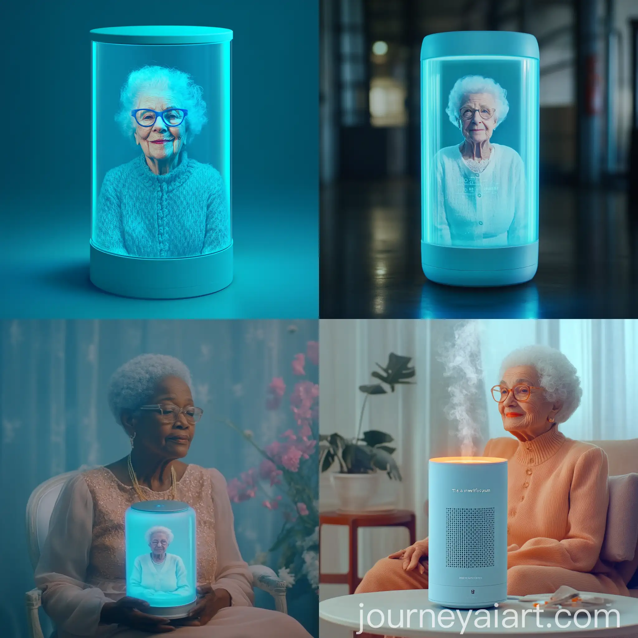 Futuristic-Holographic-Device-Displaying-Kind-Grandmother-Nobiscum-Advertisement