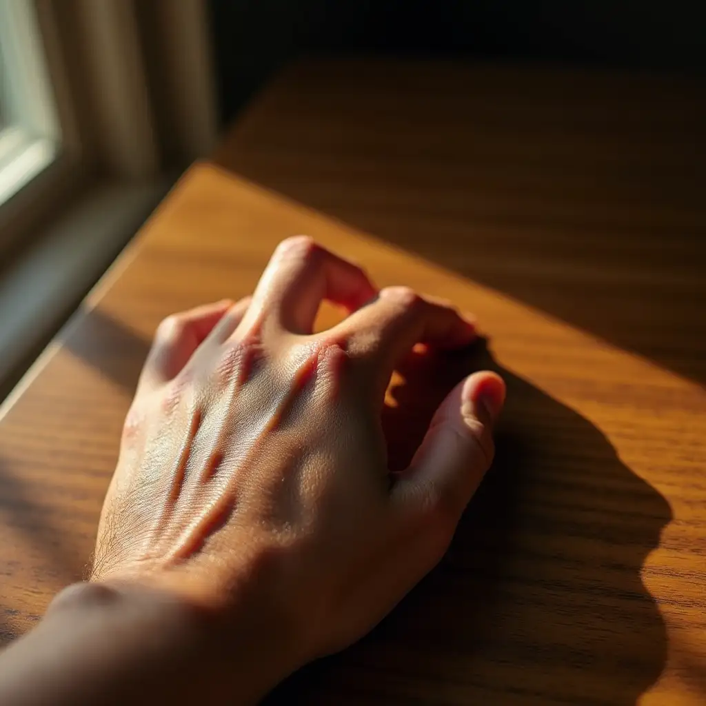 A close-up of a human hand, resting on a wooden table, illuminated by natural sunlight. The hand shows intricate skin texture and details, with lifelike shadows, realistic photography style