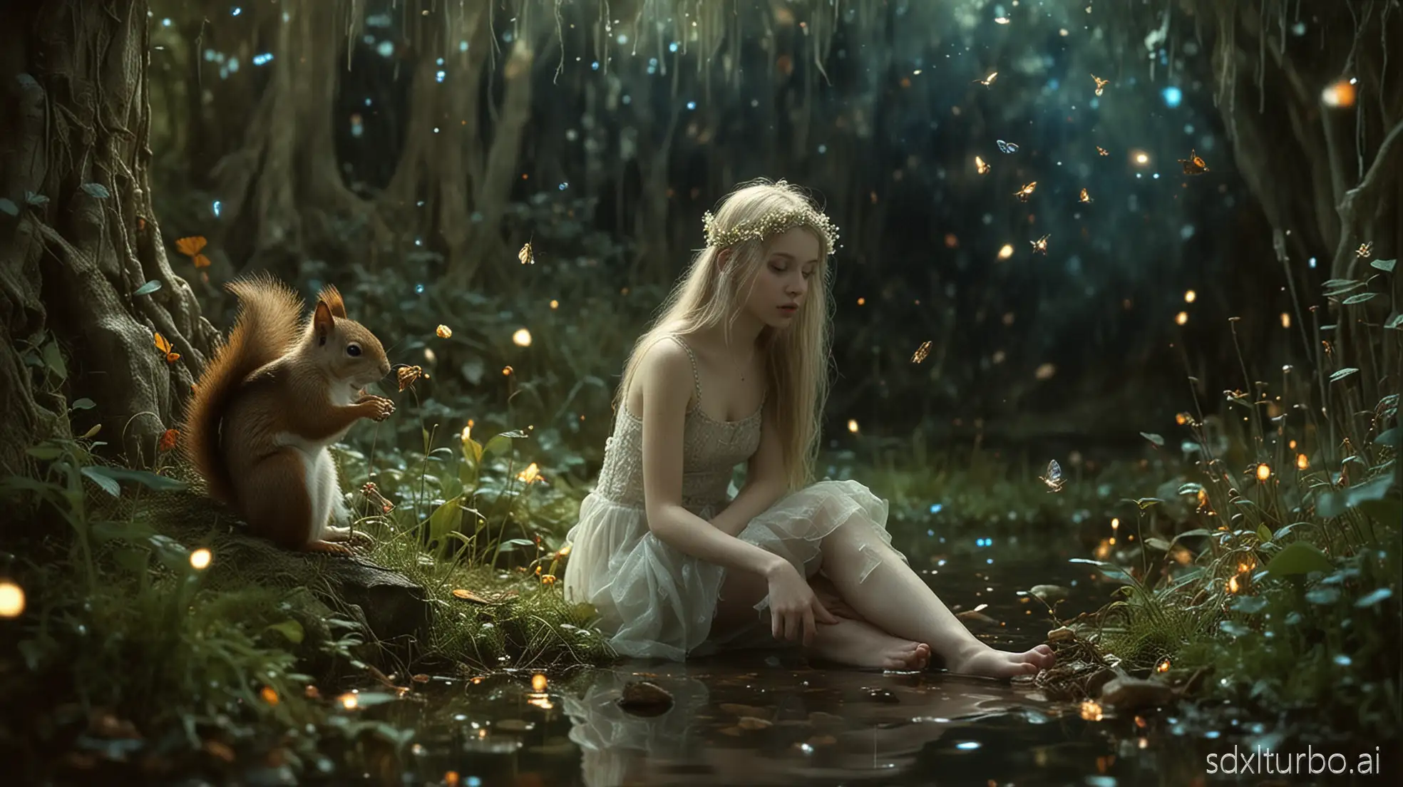 Surreal whimsical, fairy and cute creatures occupy a dreamlike atmosphere in a close-up photograph, intricate details and magical lighting enhancing their ethereal presence, fantasy concept art by Brian Froud and Alan Lee with vibrant colors, mystical ambiance, shot on Kodak Gold 400, 8k resolution, fairy dust, female body visible including legs and bare feet, fireflies, furry squirrels are nearby