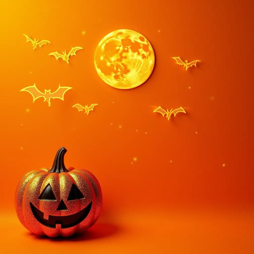 Spooky Halloween Background with Glitter Pumpkin Bats and Full Moon