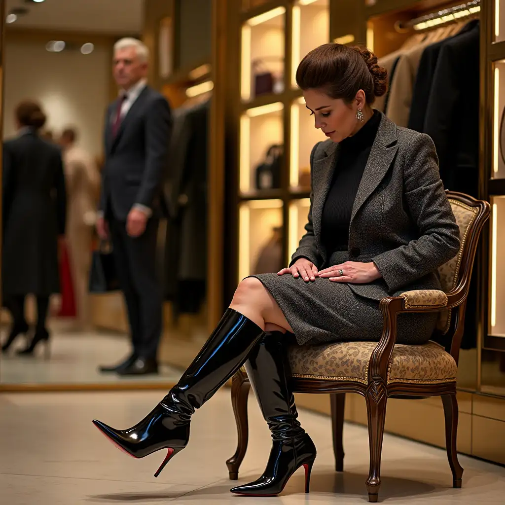 Aristocratic Lady Shopping in Harrods for Le Silla Leather Boots