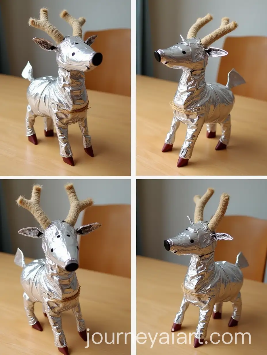 Childrens-Craft-Deer-Made-of-Aluminum-Foil-and-Jute-Rope-on-Dining-Table