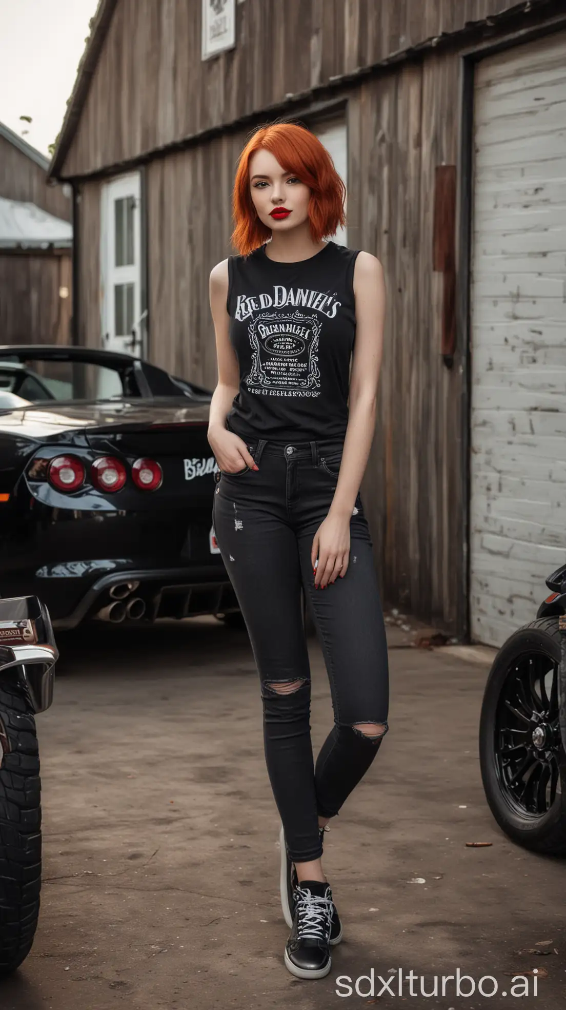 RedHaired-Girl-in-Black-TShirt-Posing-with-Luxury-Sports-Cars-in-Garage