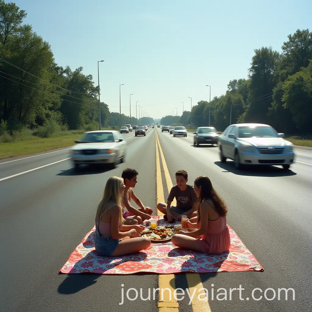 Unusual-Picnic-in-the-Middle-of-a-Highway-with-Speeding-Cars-and-Tall-Road-Signs