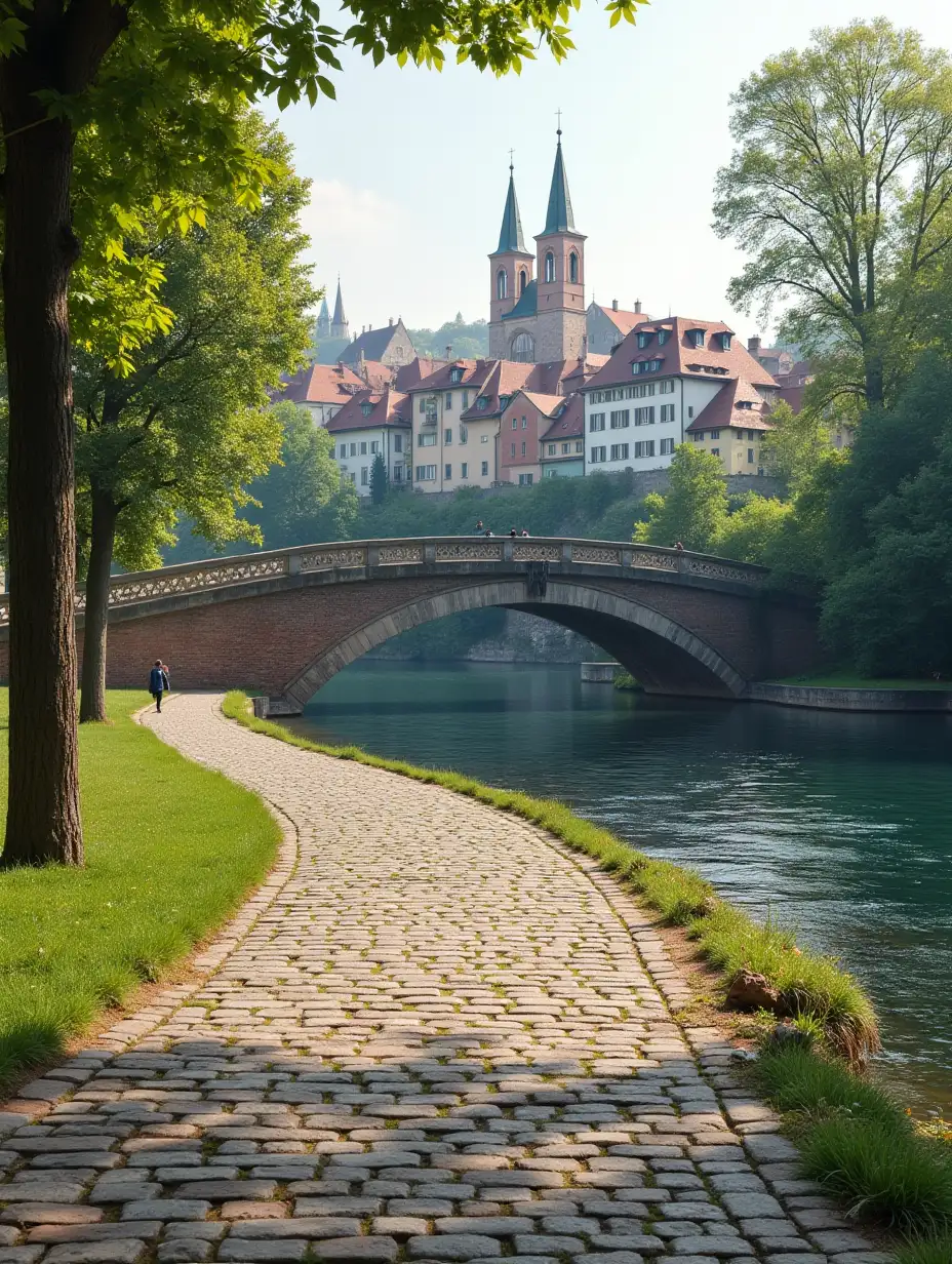 The embankment of the paving stones near the park, a view of the stone bridge over the river beyond which the old town