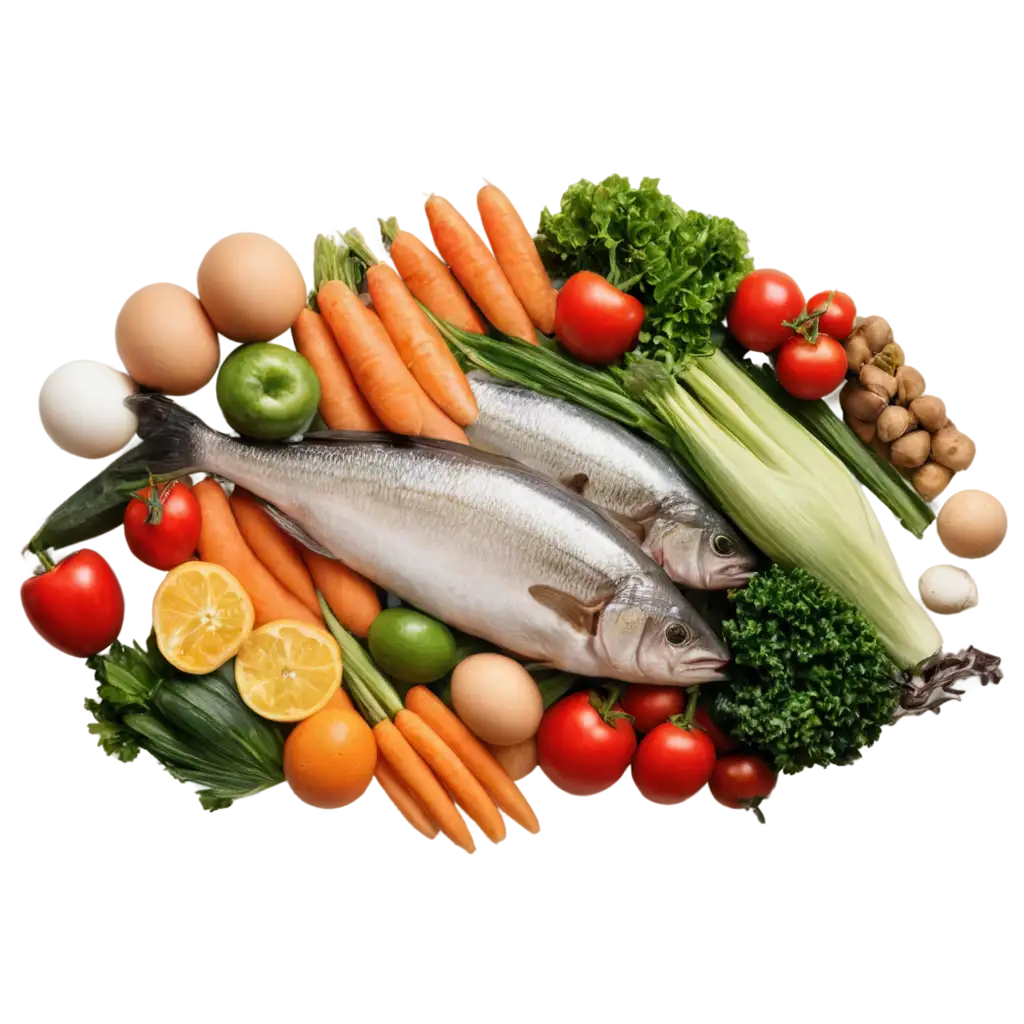 HealthyPNG-Image-Usage-Analysis-Food-Cluster-PNG-Image-Featuring-Vegetables-Fish-Meat-and-Eggs-for-Nutritional-and-Culinary-Content